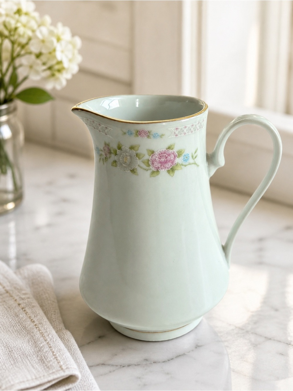 Crown Ming Fine China Jian Shiang Creamer Pitcher Mint Floral Gold Trim Japan